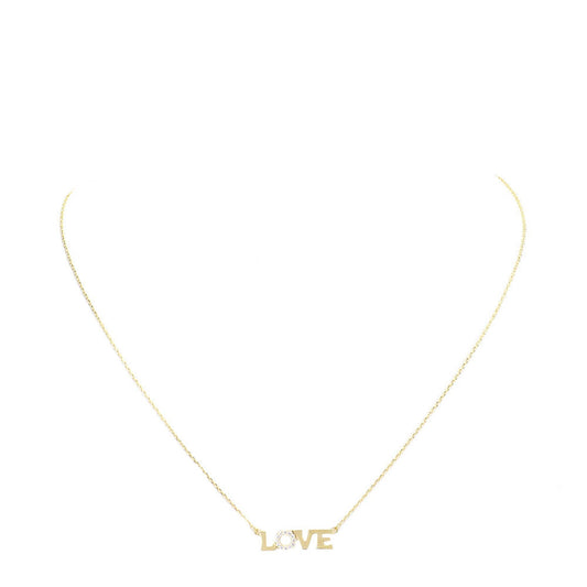 LOVE Rhinestone Embellished Brass Metal Message Pendant Necklace