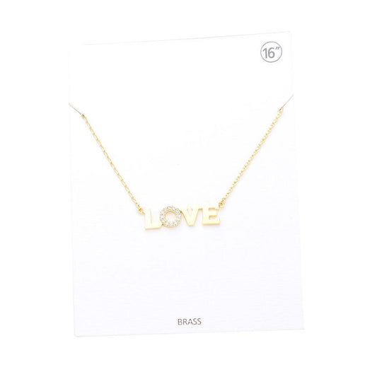 LOVE Rhinestone Embellished Brass Metal Message Pendant Necklace