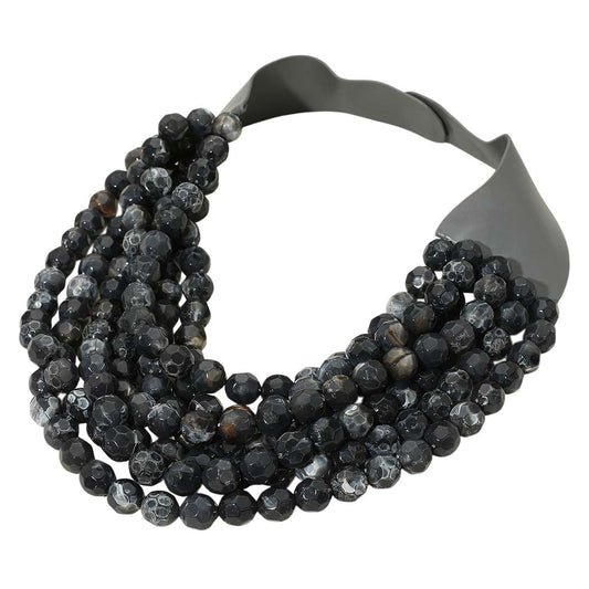 Women's Marbled Faceted Acrylic Ball Beaded Multi Strand Layered Faux Leather Magnetic Necklace