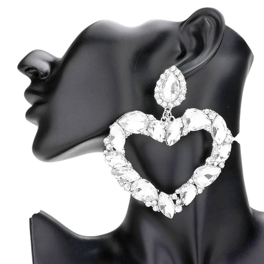 Marquise Teardrop Stone Cluster Open Heart Dangle Evening Earrings