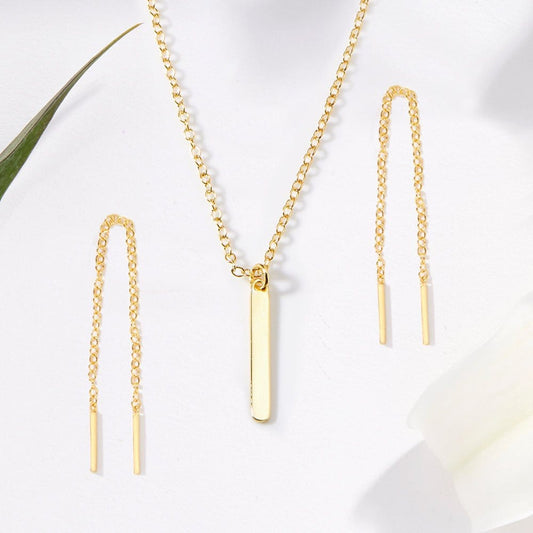 Mother Gold Bar Earring Threader and Necklace Jewelry Set