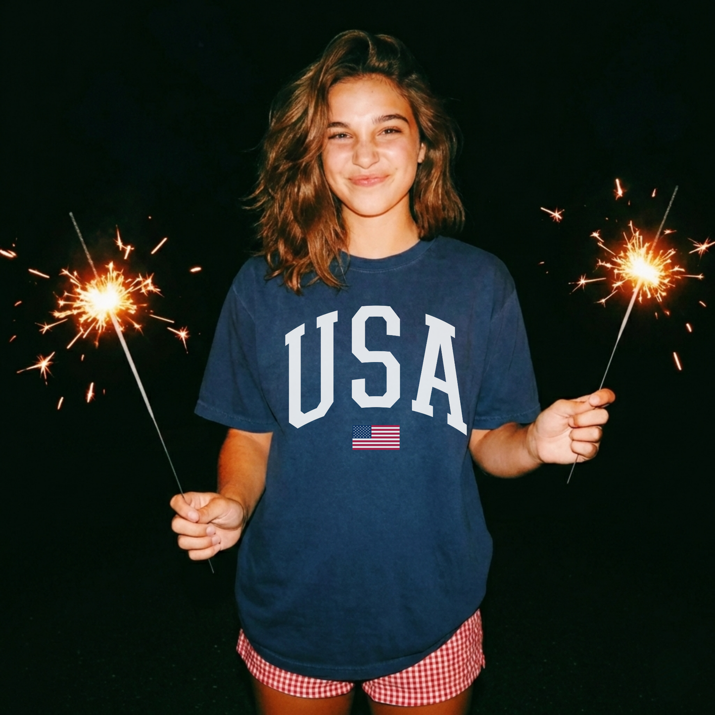 USA Varsity Graphic Tee – White Letter Patriotic Shirt