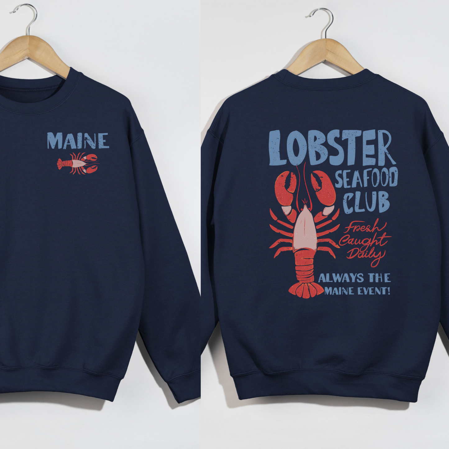 Maine Lobster Seafood Club Crewneck Sweatshirt – Coastal New England Lobster Graphic Pullover
