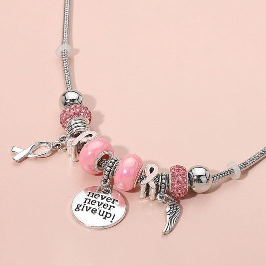 Never Give Up Disc Wing Pink Ribbon Charm Multi Beaded Necklace
