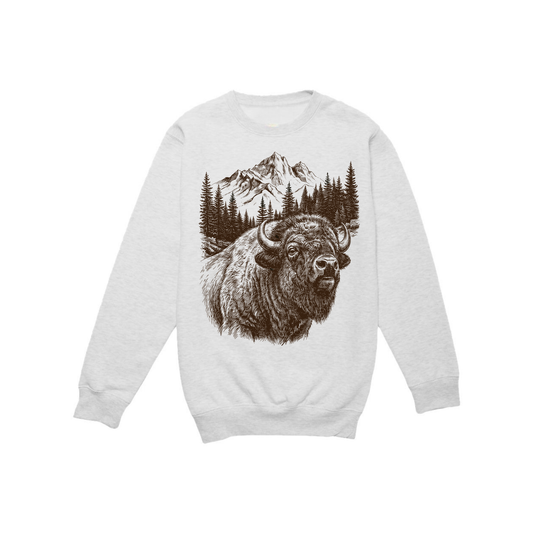 Rustic Mountain Bison Graphic Crewneck Sweatshirt