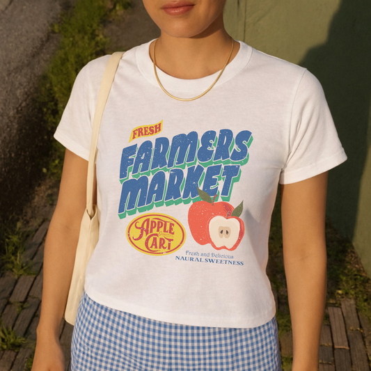 Fresh Farmers Market Apple Graphic Tee | Vintage Fruit Market Shirt for Women