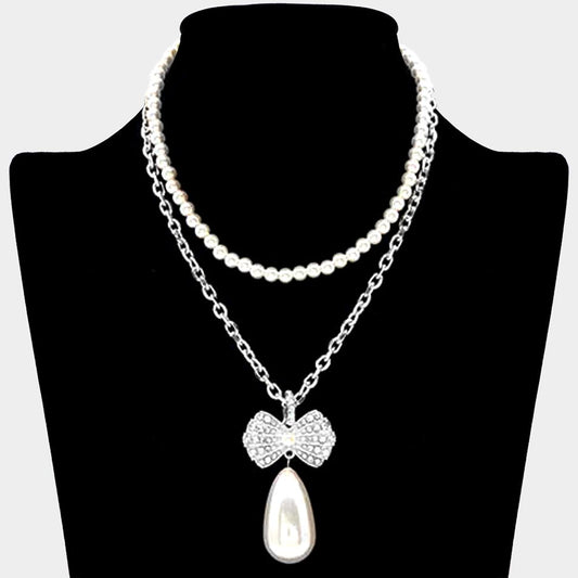 Pearl Chain Layered Rhinestone Pave Ribbon Pearl Dangle Pendant Necklace