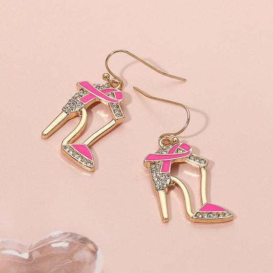 Pink Ribbon Accent Rhinestone Paved High Heel Dangle Earrings
