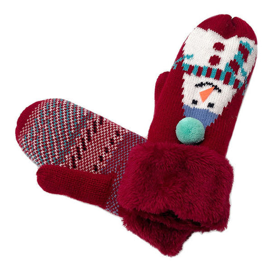 Plush Snowman Printed Faux Fur Mitten Gloves