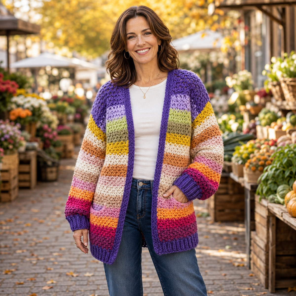 Rainbow Hand-Crochet Open Cardigan