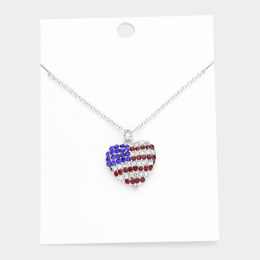 Women's Rhinestone Embellished American USA Flag Heart Pendant Statement Necklace 4th of July