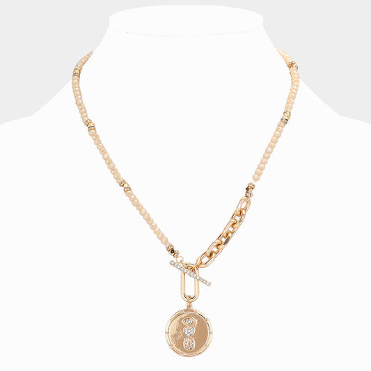 Rhinestone Evil Eye Heart Horseshoe Accented Metal Round Pendant Faceted Beaded Necklace