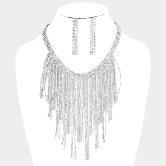 Rhinestone Metal Ball Chain Fringe Choker Necklace