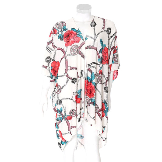 Rose Flower Chain Print Cover Up Kimono Poncho Beachwear
