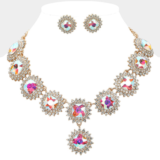 Round Glass Stone Cluster Link Evening Necklace