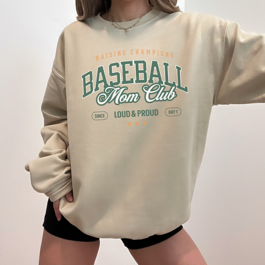 Baseball Mom Club Crewneck Sweatshirt – Raising Champions Loud & Proud Graphic Pullover