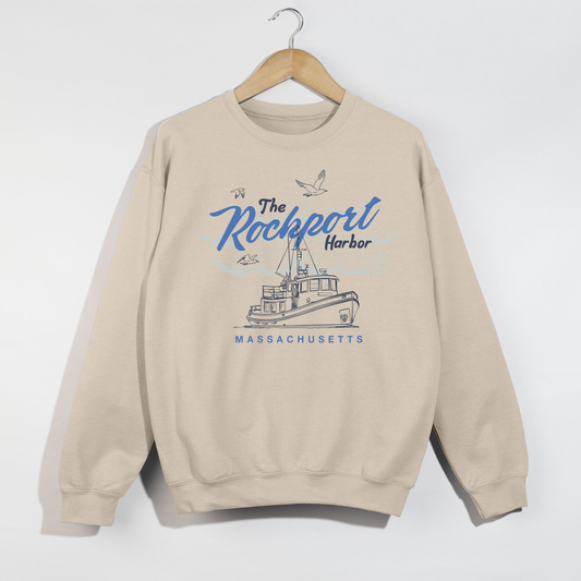 Rockport Harbor Massachusetts Crewneck Sweatshirt – Coastal New England Boat Graphic Pullover