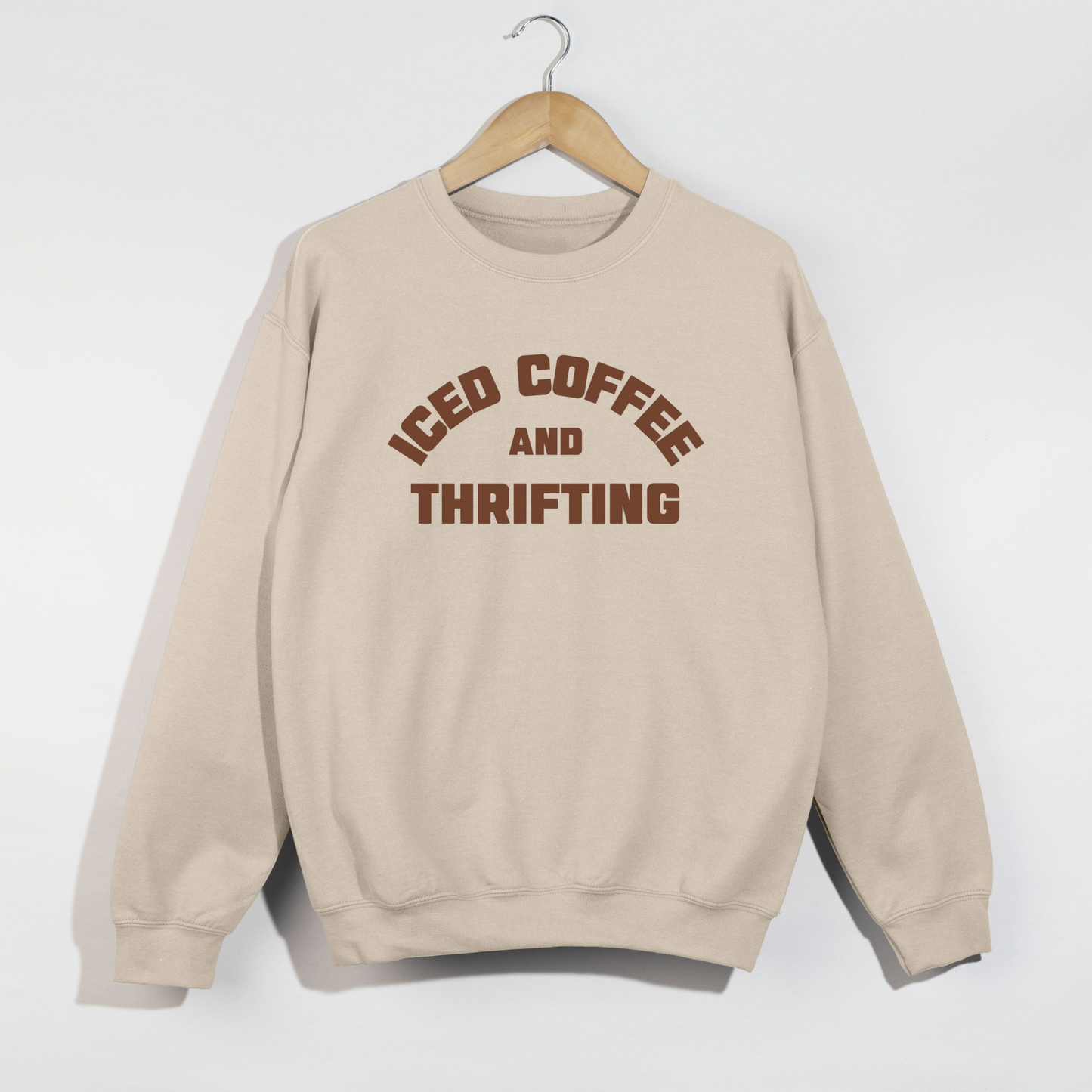 Iced Coffee & Thrifting Crewneck – Neutral Thrift Girl Sweatshirt
