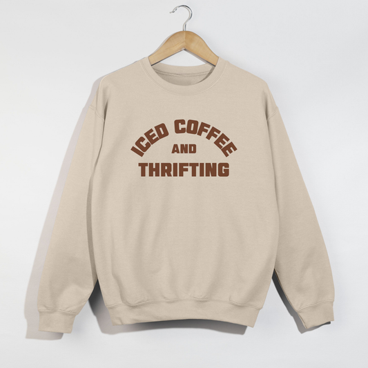 Iced Coffee & Thrifting Crewneck – Neutral Thrift Girl Sweatshirt