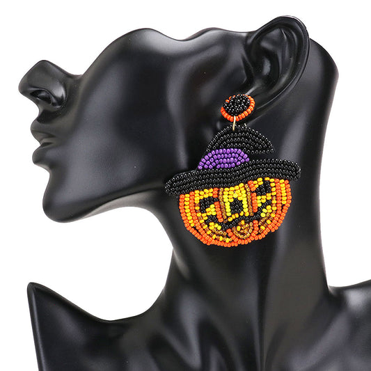 Seed Bead Witch Hat Pumpkin Earrings