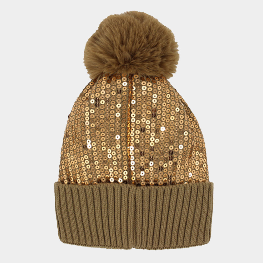 Sequin Embellished Pom Pom Beanie Hat