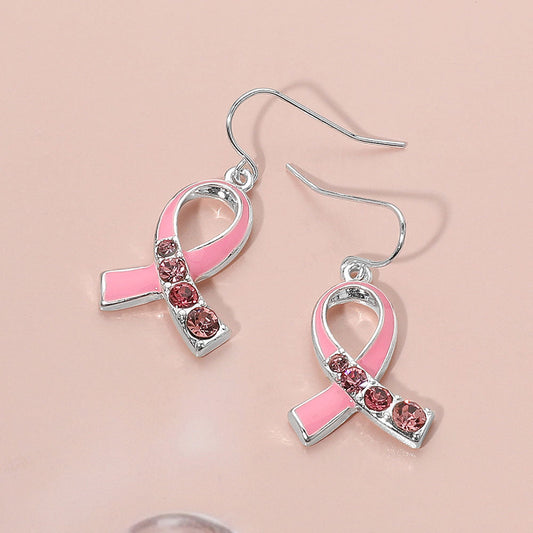Stone Accent Enamel Pink Ribbon Dangle Earrings