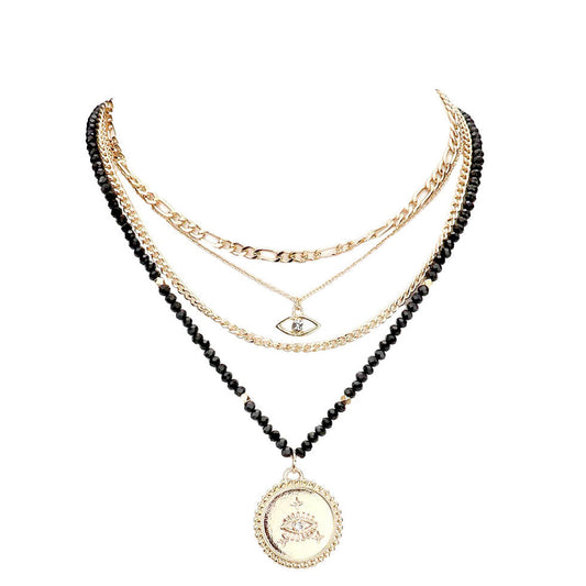 Stone Embellished Evil Eye Pendant Multi Layer Bib Necklace