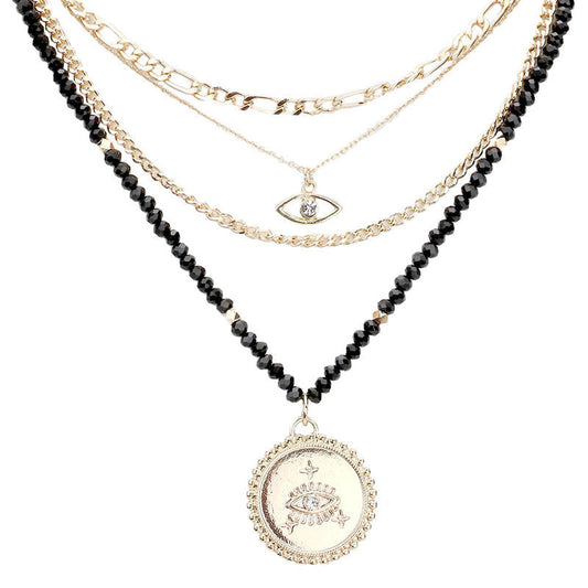 Stone Embellished Evil Eye Pendant Multi Layer Bib Necklace