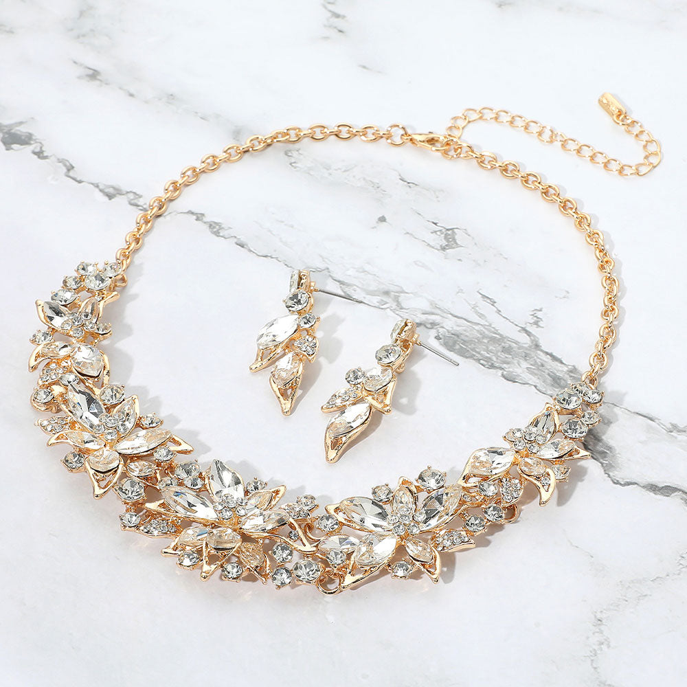 Stone Embellished Flower Collar Evening Necklace