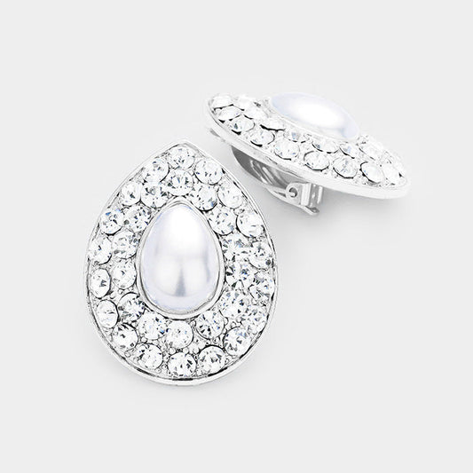 Stone Pave Teardrop Pearl Centered Clip on Earrings