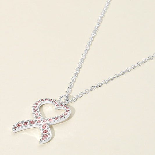 Stone Paved Heart Pink Ribbon Pendant Necklace