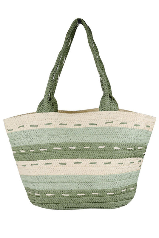 Striped Pattern Dotted Line Detail Straw Bag