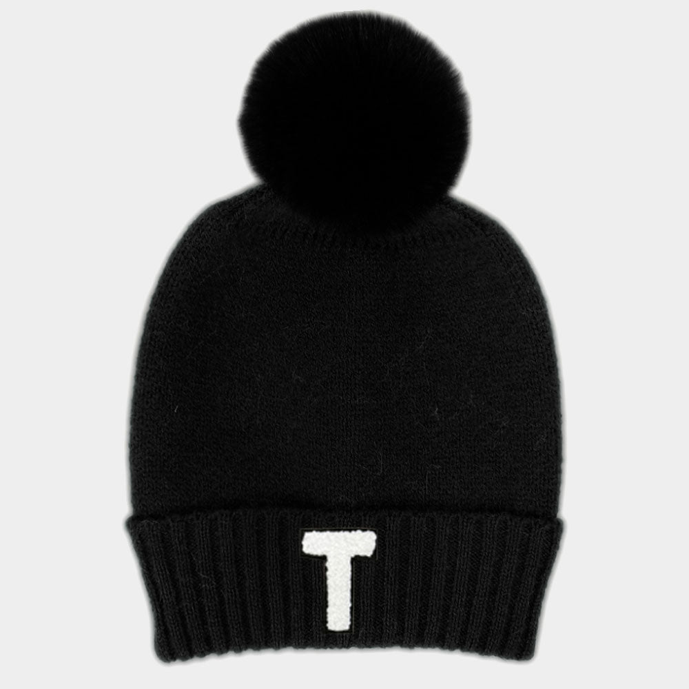 -T- Initial Monogram Faux Fur Pom Pom Knit Beanie Hat