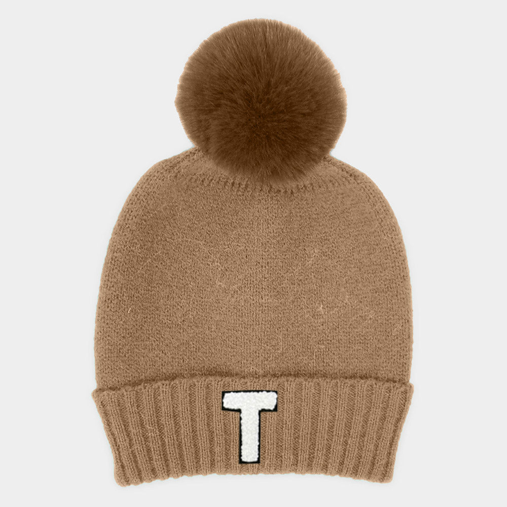 -T- Initial Monogram Faux Fur Pom Pom Knit Beanie Hat