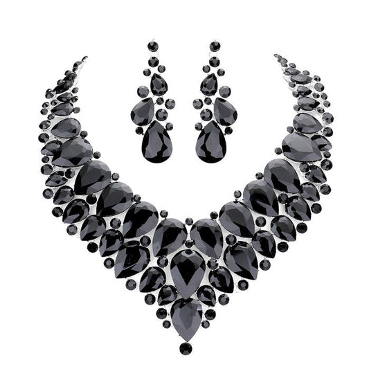 Teardrop Cluster Rhinestone Collar Necklace Earrings Set