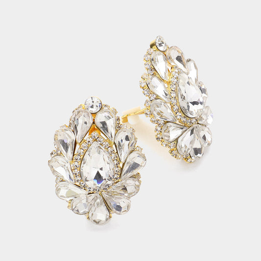 Women's Teardrop Crystal Cluster Clip on Evening Dangle Earrings