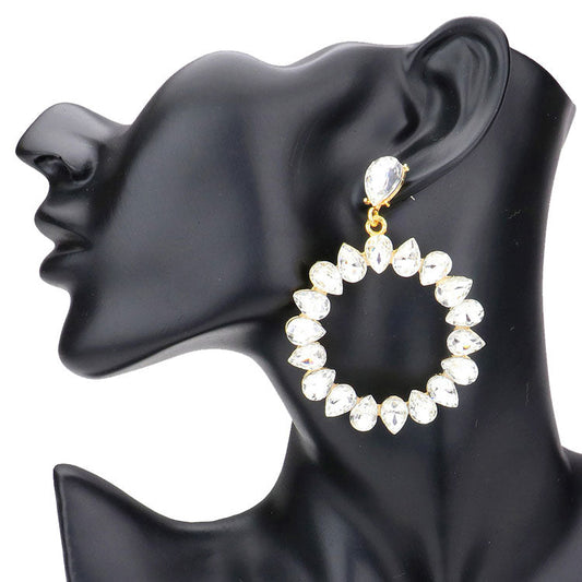 Teardrop Stone Cluster Open Circle Dangle Evening Earrings