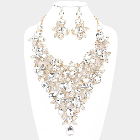 Teardrop Stone Leaf Cluster Vine Statement Evening Necklace