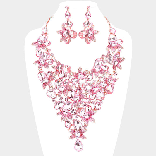 Teardrop Stone Leaf Cluster Vine Statement Evening Necklace