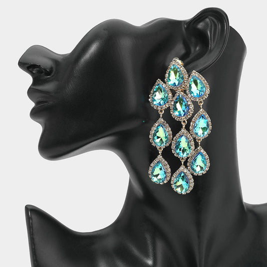 Teardrop Stone Link Dangle Clip on Evening Earrings