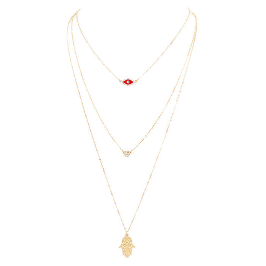 Triple Layered Crystal Evil Eye Hamsa Hand Pendant Necklace