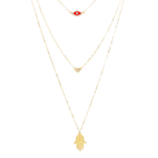 Triple Layered Crystal Evil Eye Hamsa Hand Pendant Necklace