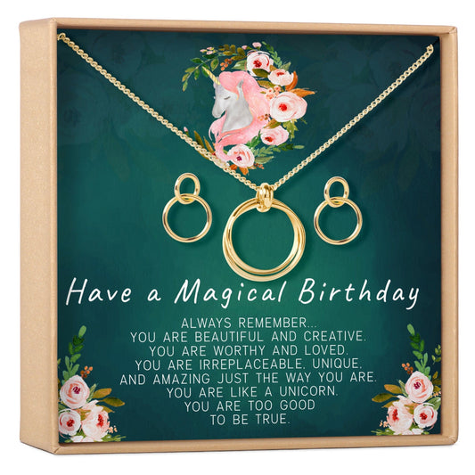 Unicorn Linked Circles Earring and Necklace Jewelry Set