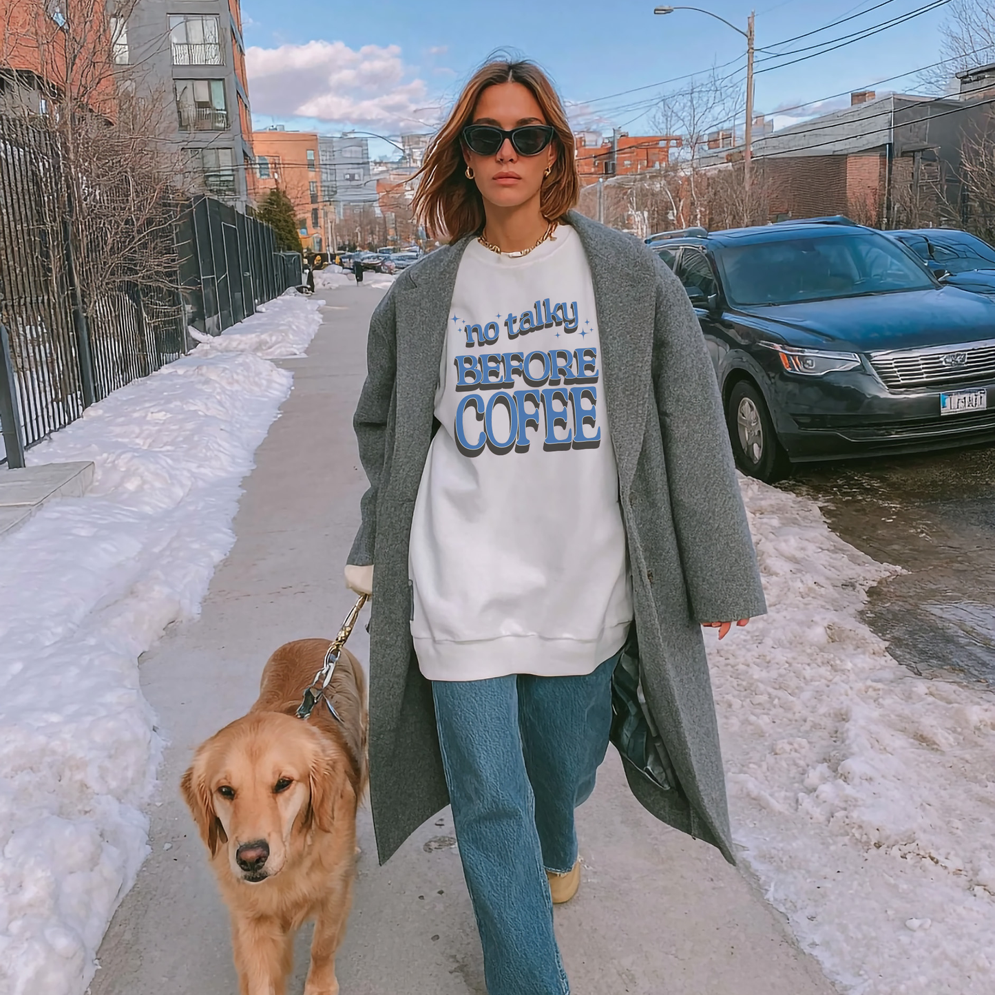 No Talky Before Coffee Crewneck Sweatshirt – Retro Blue Lettering Graphic