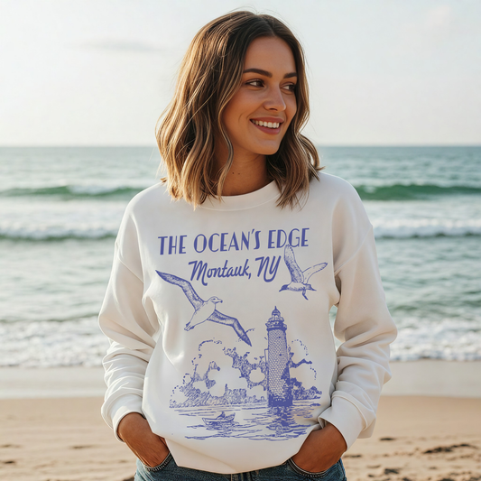 Montauk Lighthouse “The Ocean’s Edge” Coastal Graphic Crewneck Sweatshirt