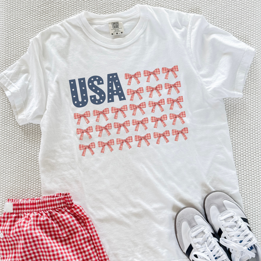 USA Bow Flag Graphic Tee - Patriotic Gingham Bows Shirt