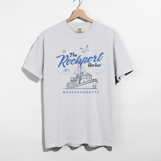 Rockport Harbor Massachusetts Graphic Tee | Coastal New England Boat Shirt