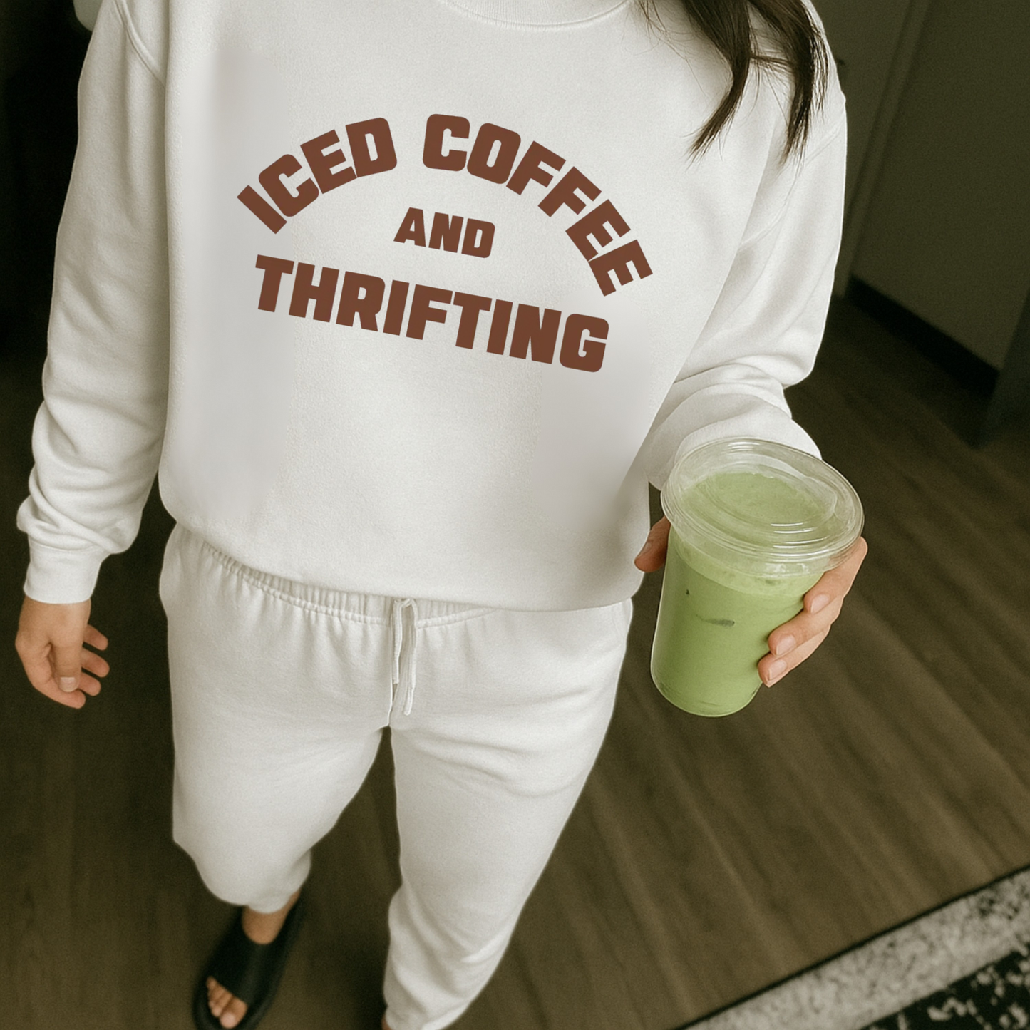 Iced Coffee & Thrifting Crewneck – Neutral Thrift Girl Sweatshirt