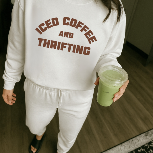 Iced Coffee & Thrifting Crewneck – Neutral Thrift Girl Sweatshirt