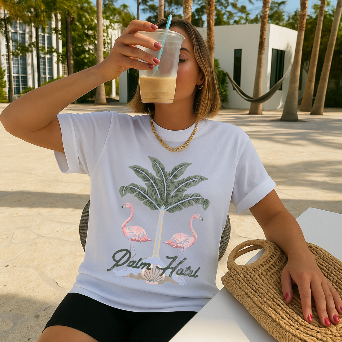 Palm Oasis Flamingo Graphic Tee | Beach Vacation Aesthetic Tee | Summer Resort Style |